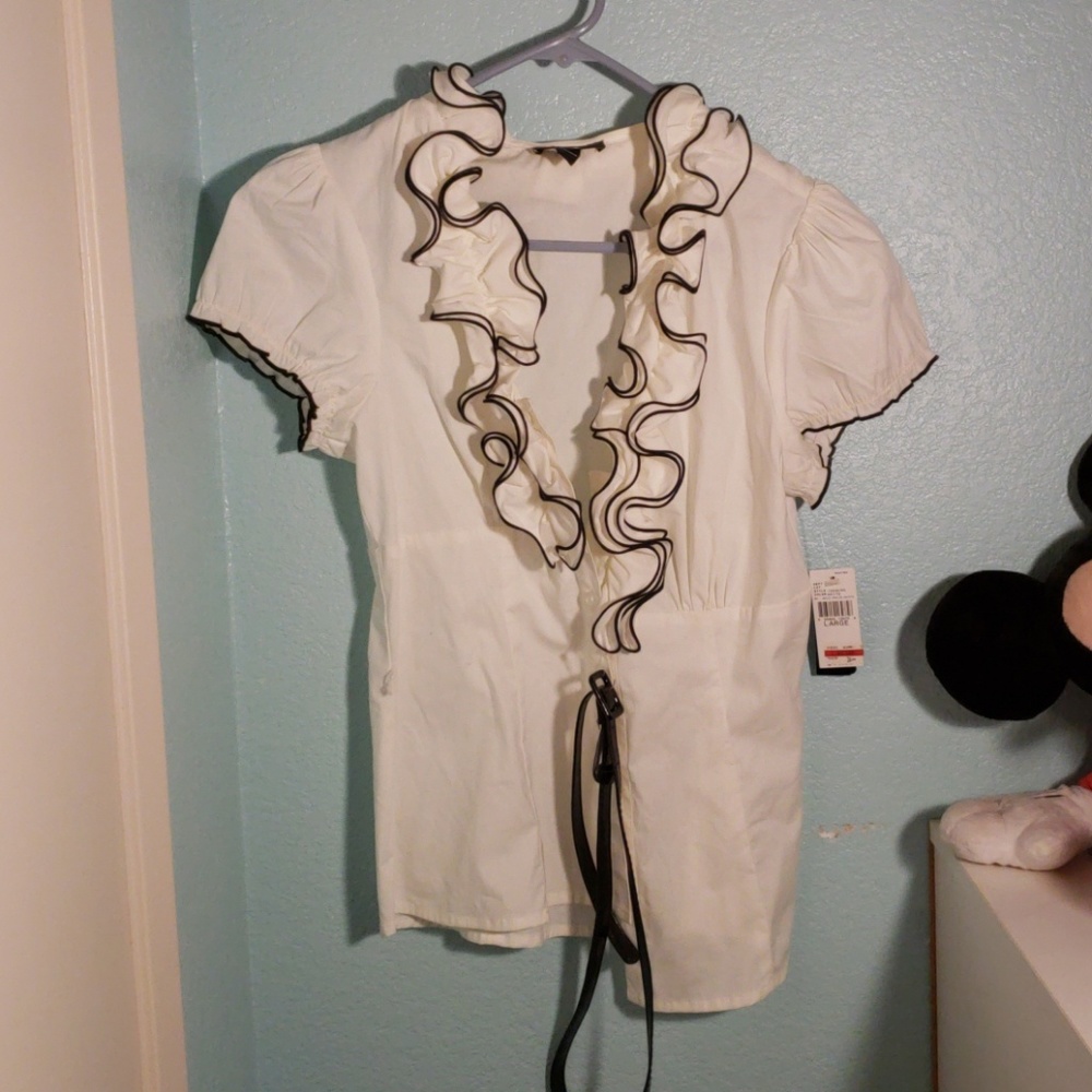 White button up short sleeve with ruffles